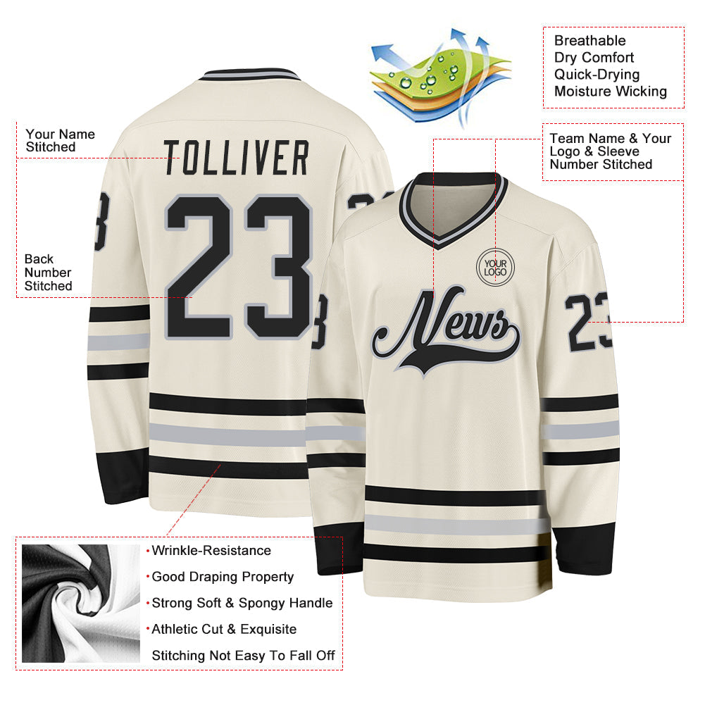 Custom Cream Black-Gray Hockey Jersey - Sky-Custom