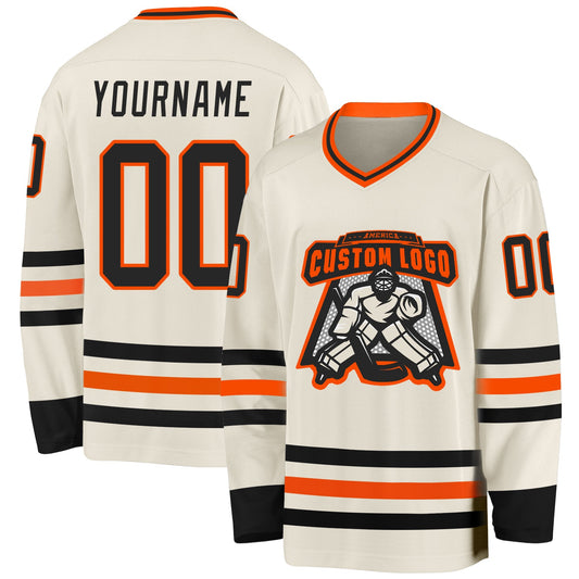 Custom Cream Black-Orange Hockey Jersey - Sky-Custom
