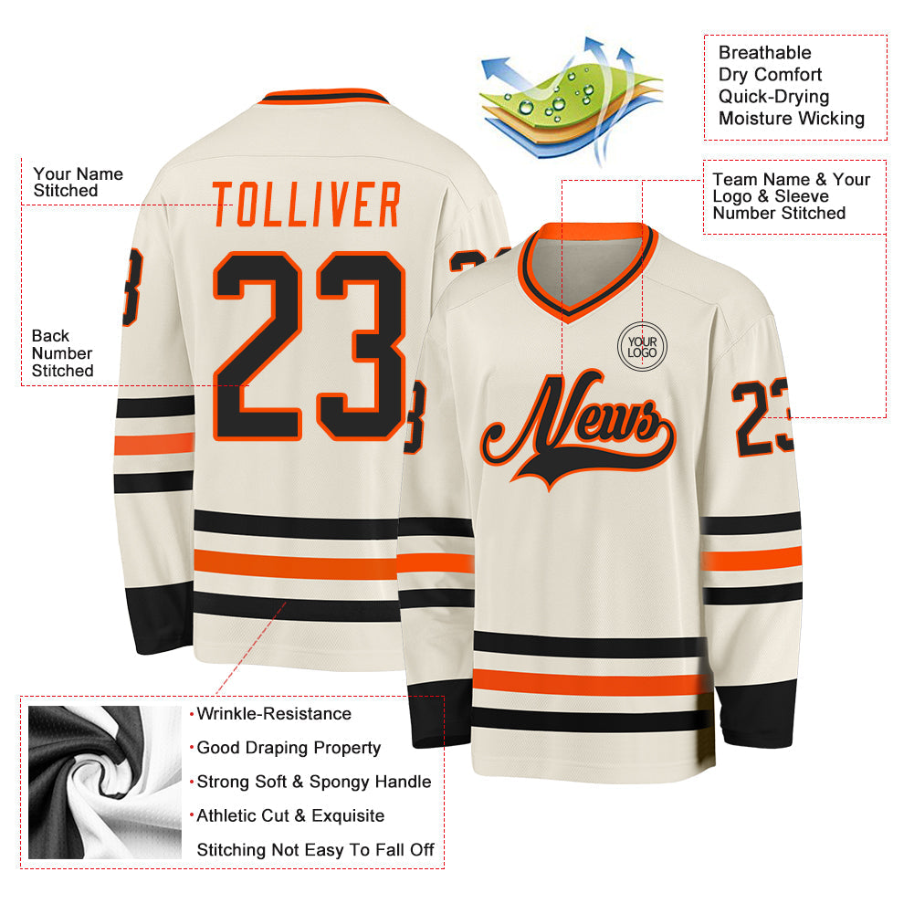 Custom Cream Black-Orange Hockey Jersey - Sky-Custom