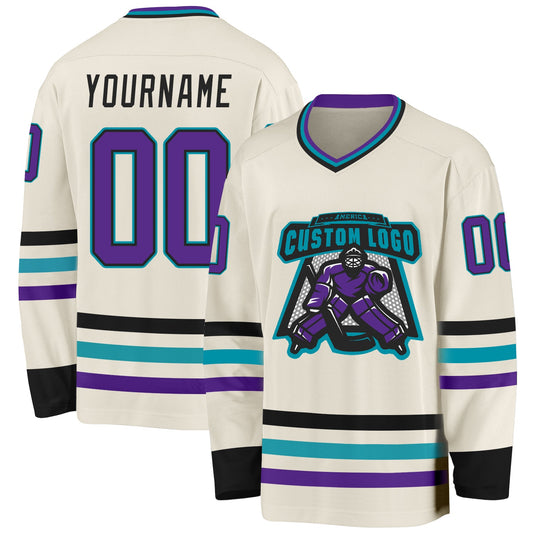 Custom Cream Purple Black-Teal Hockey Jersey - Sky-Custom