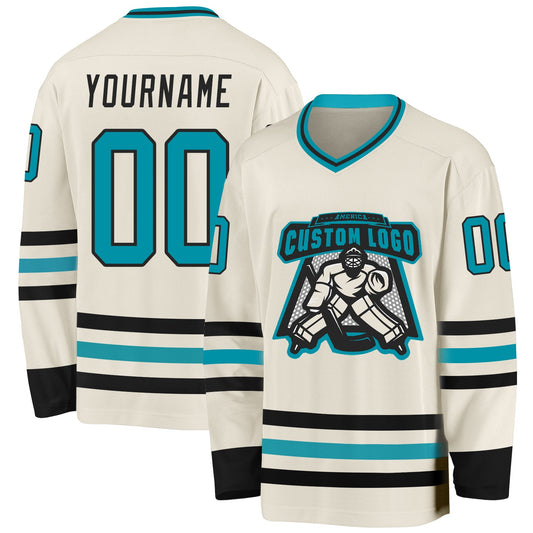 Custom Cream Teal-Black Hockey Jersey - Sky-Custom