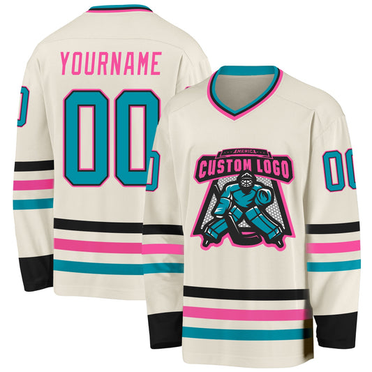 Custom Cream Teal Black-Pink Hockey Jersey - Sky-Custom