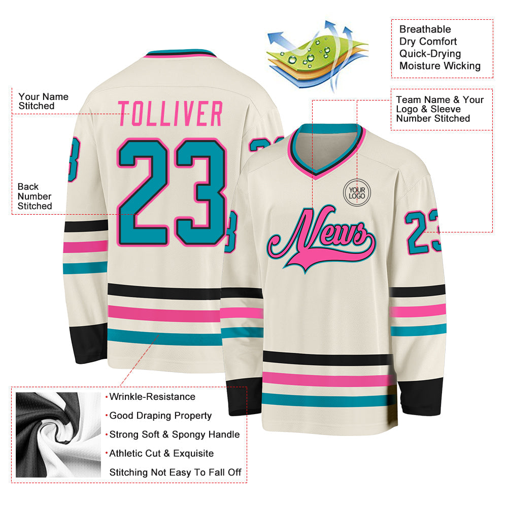 Custom Cream Teal Black-Pink Hockey Jersey - Sky-Custom