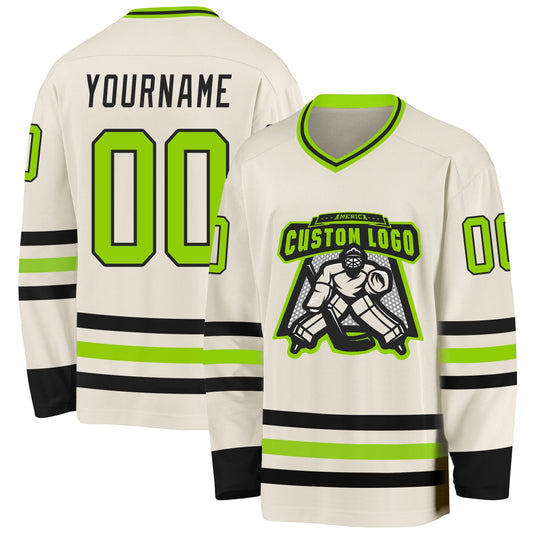 Custom Cream Neon Green-Black Hockey Jersey - Sky-Custom