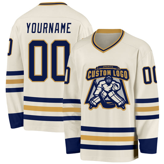 Custom Cream Navy-Old Gold Hockey Jersey - Sky-Custom