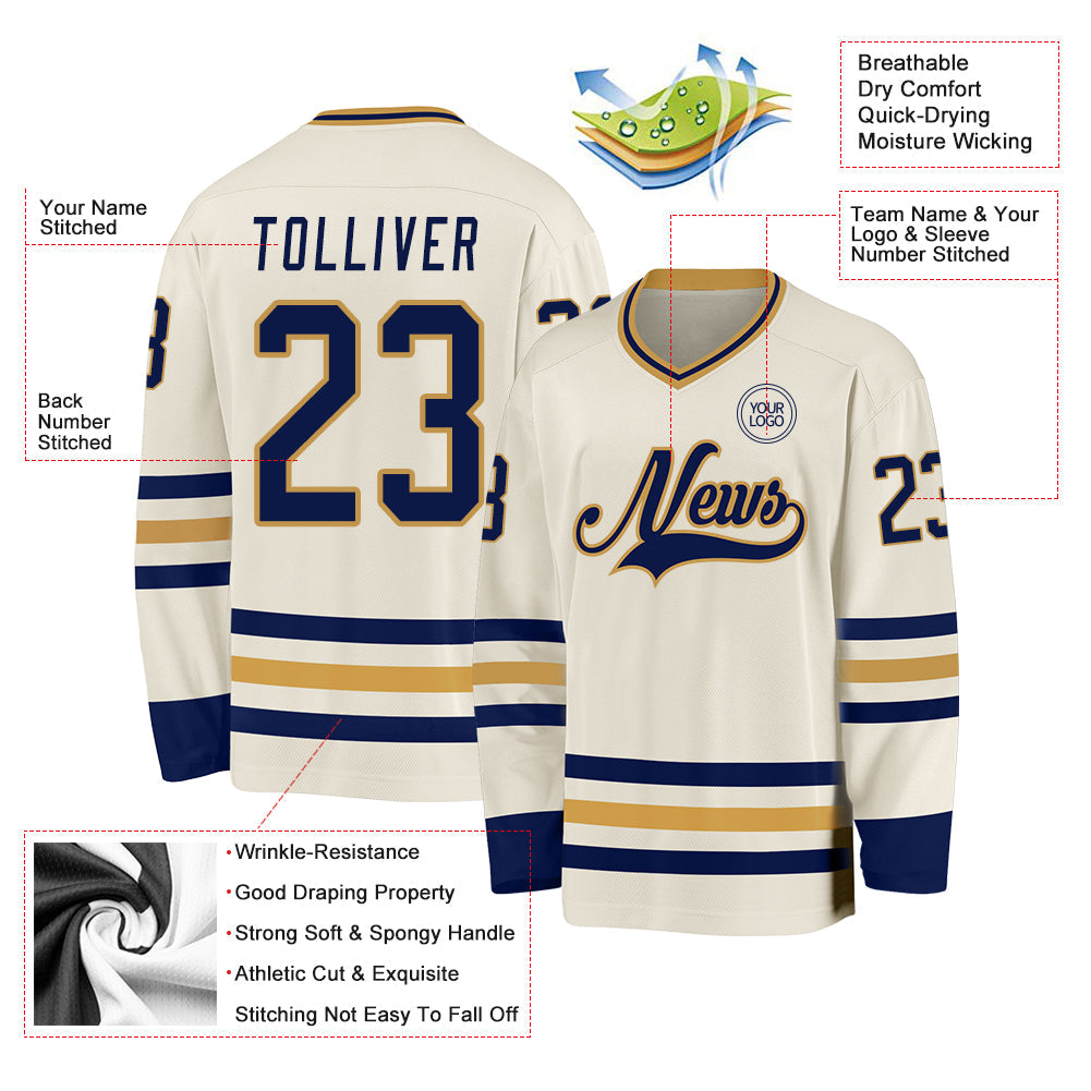 Custom Cream Navy-Old Gold Hockey Jersey - Sky-Custom