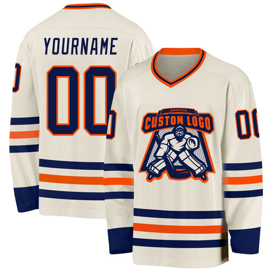 Custom Cream Navy-Orange Hockey Jersey - Sky-Custom