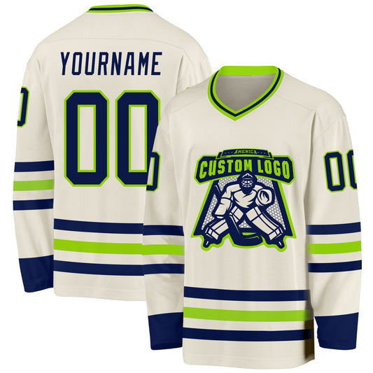Custom Cream Navy-Neon Green Hockey Jersey - Sky-Custom