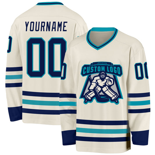 Custom Cream Navy-Teal Hockey Jersey - Sky-Custom