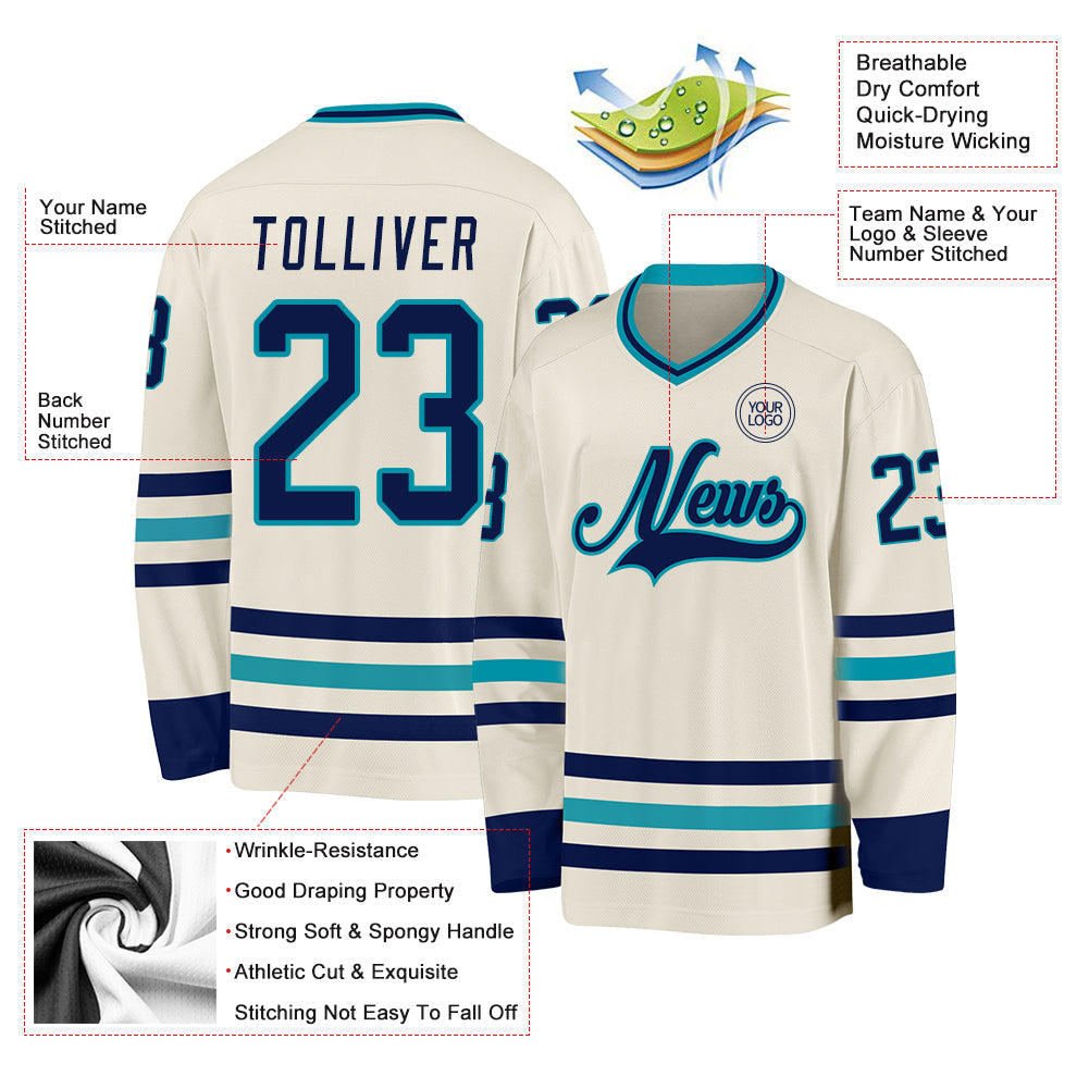Custom Cream Navy-Teal Hockey Jersey - Sky-Custom