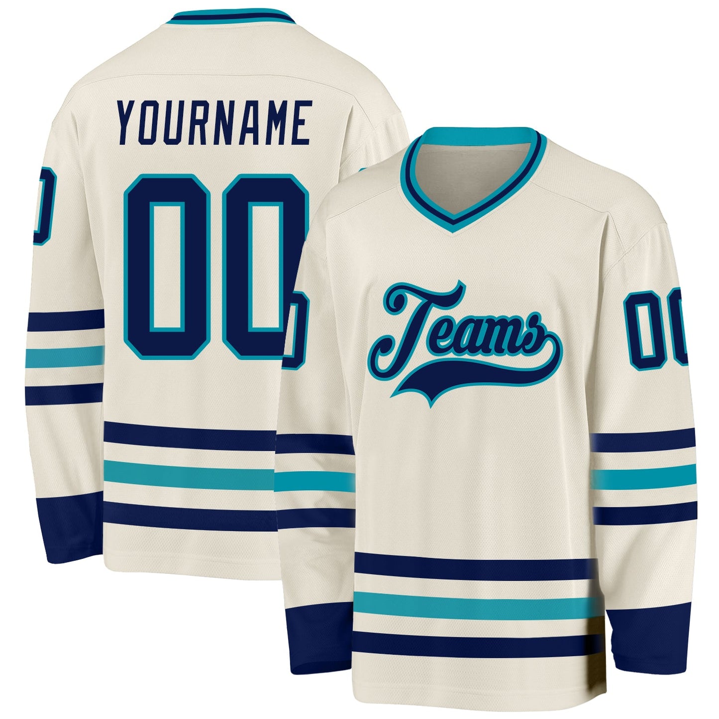 Custom Cream Navy-Teal Hockey Jersey - Sky-Custom