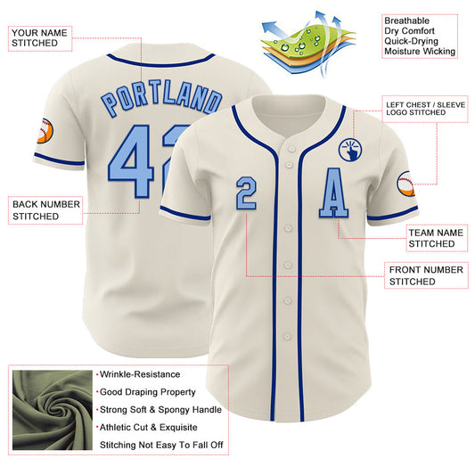 Custom Cream Light Blue-Royal Authentic Baseball Jersey - Sky-Custom