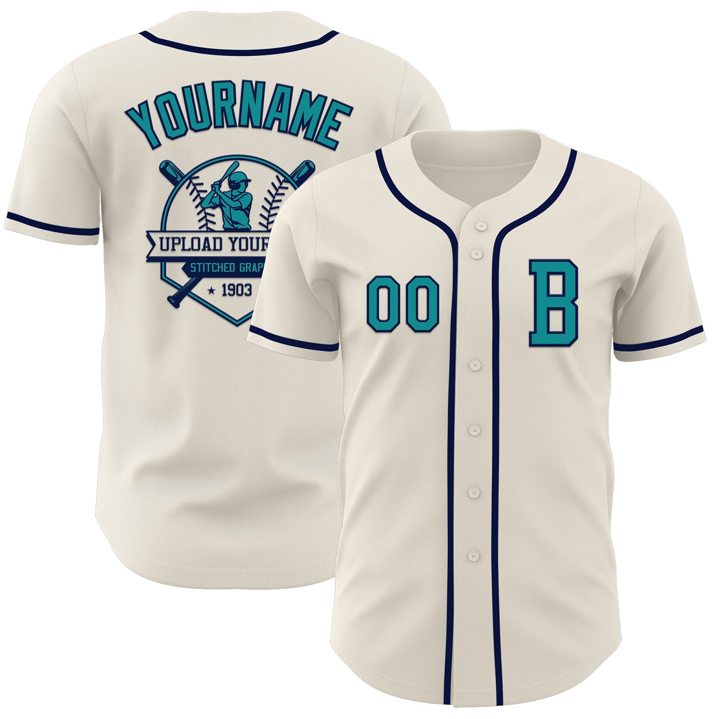 Custom Cream Teal-Navy Authentic Baseball Jersey - Sky-Custom