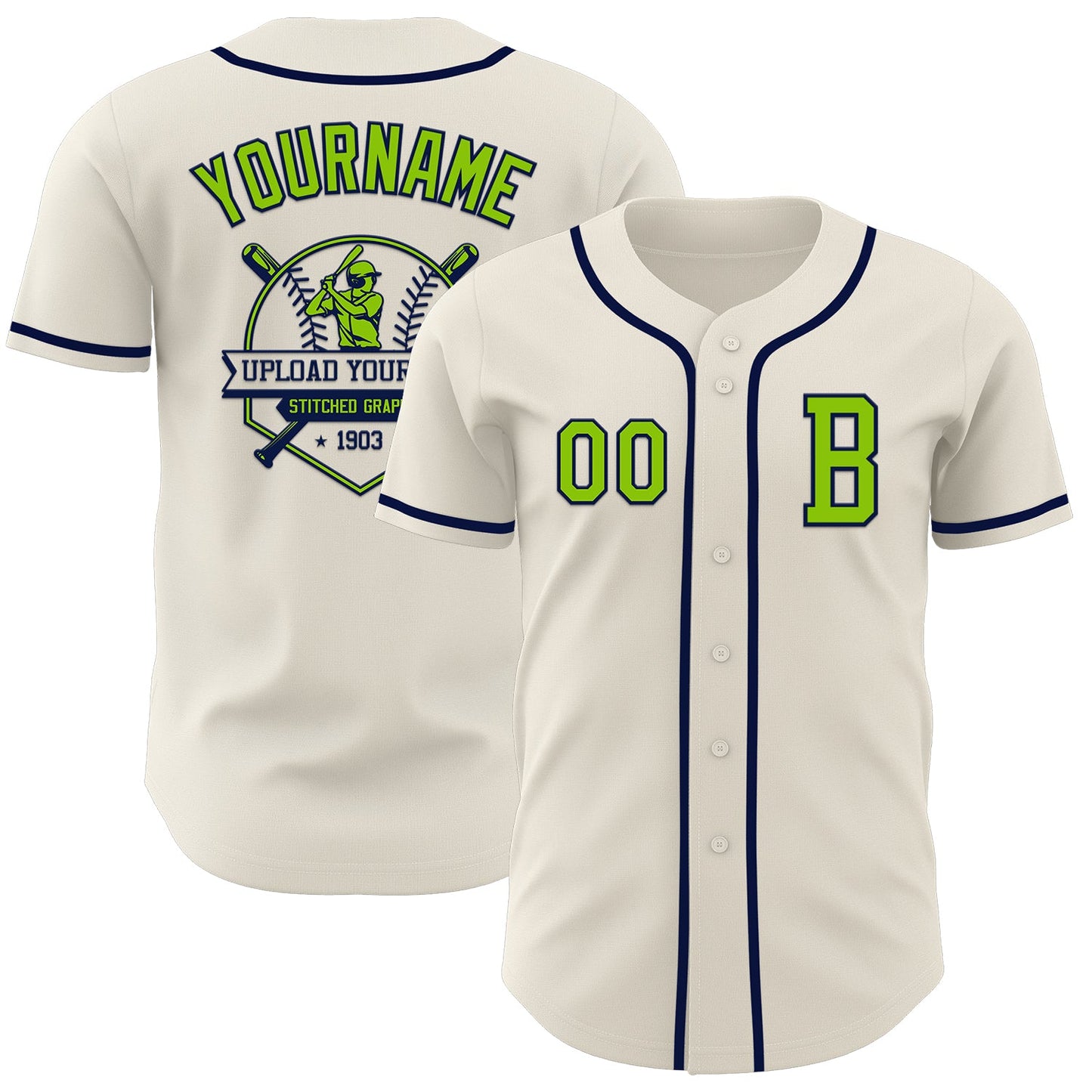 Custom Cream Neon Green-Navy Authentic Baseball Jersey - Sky-Custom