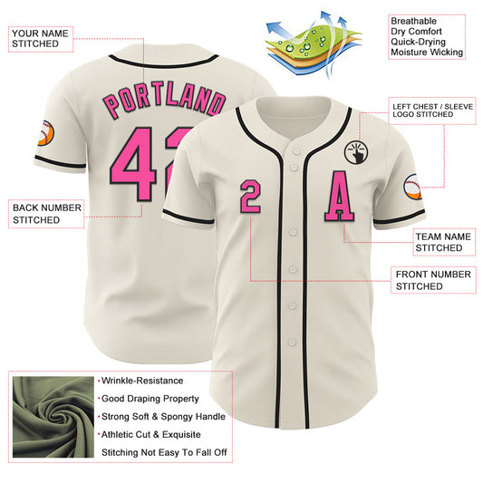 Custom Cream Pink-Black Authentic Baseball Jersey - Sky-Custom
