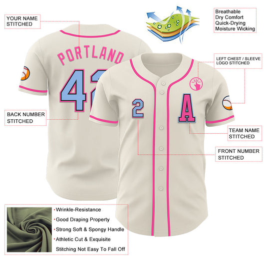 Custom Cream Light Blue Black-Pink Authentic Baseball Jersey - Sky-Custom