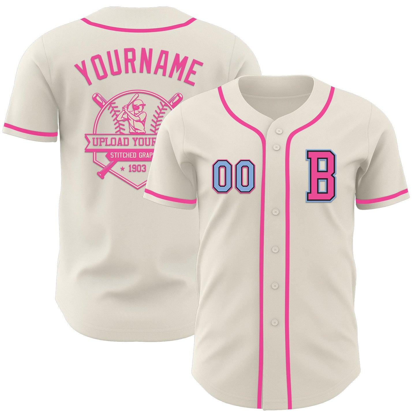 Custom Cream Light Blue Black-Pink Authentic Baseball Jersey - Sky-Custom
