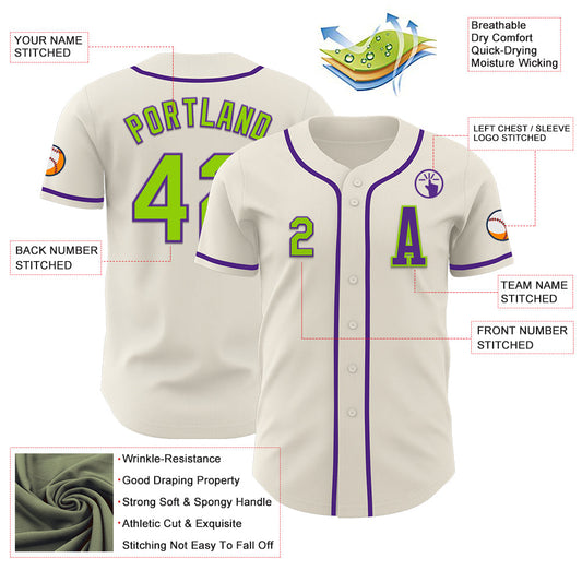 Custom Cream Neon Green-Purple Authentic Baseball Jersey - Sky-Custom