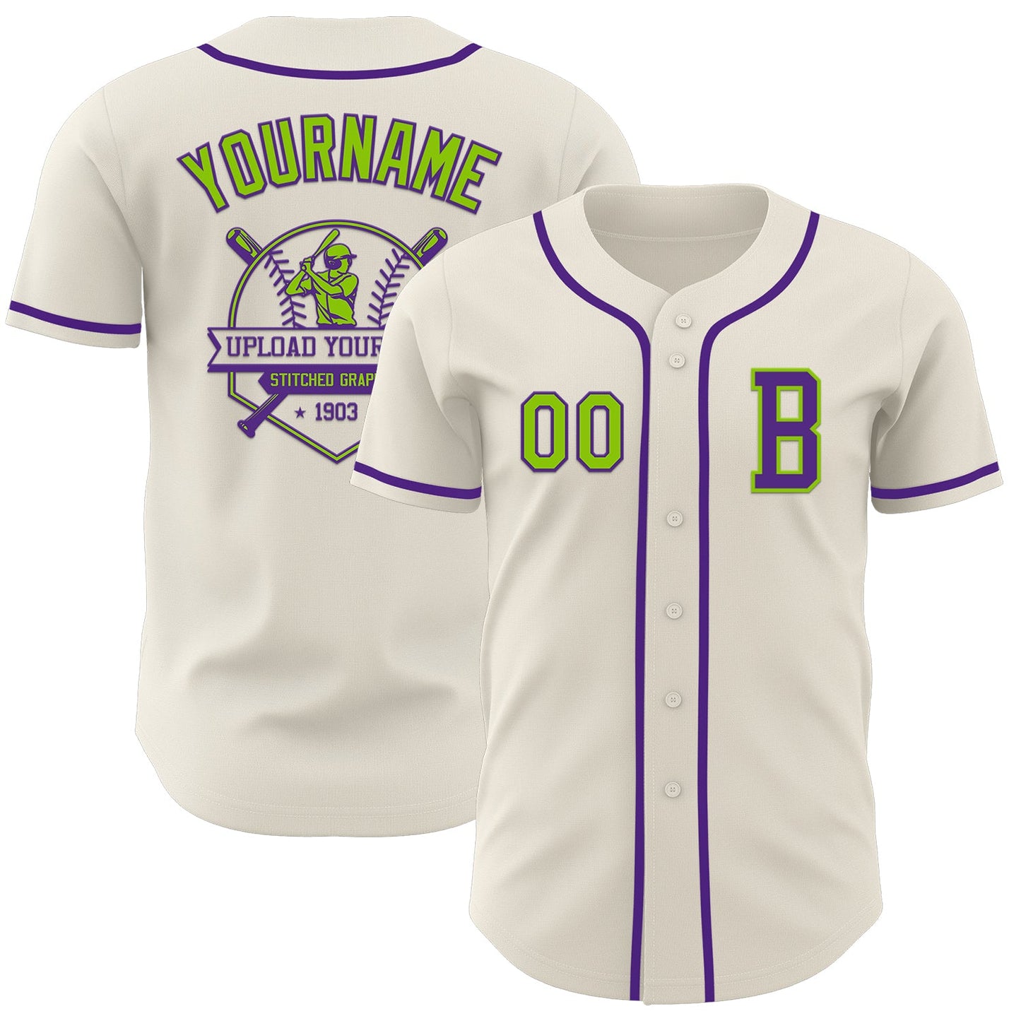 Custom Cream Neon Green-Purple Authentic Baseball Jersey - Sky-Custom