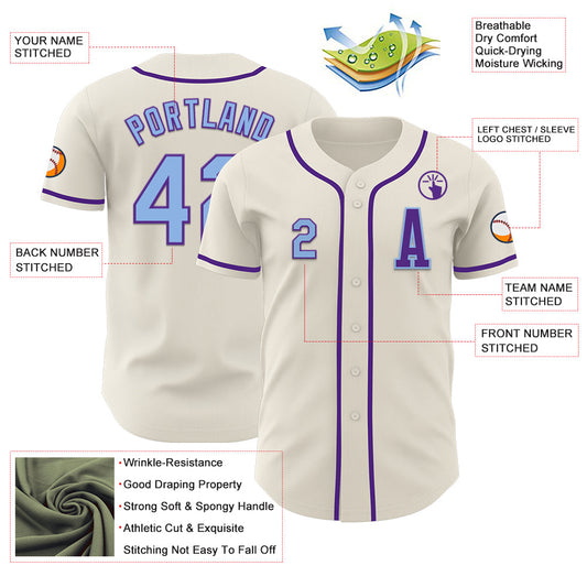 Custom Cream Light Blue-Purple Authentic Baseball Jersey - Sky-Custom