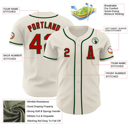 Custom Cream Red-Green Authentic Baseball Jersey - Sky-Custom
