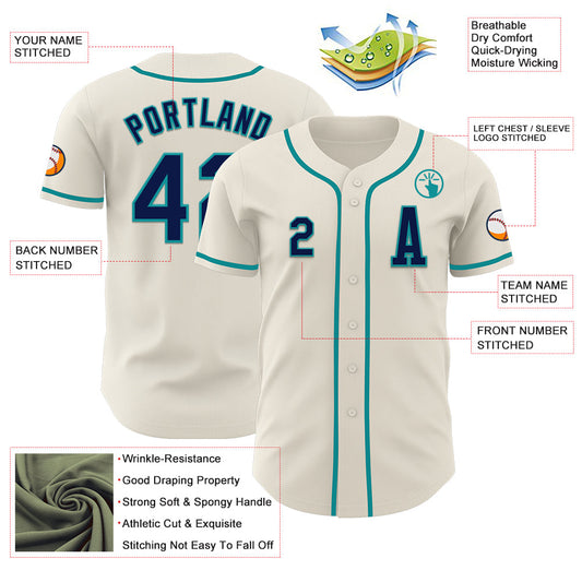 Custom Cream Navy-Teal Authentic Baseball Jersey - Sky-Custom