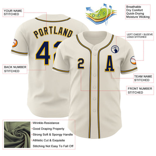 Custom Cream Navy-Gold Authentic Baseball Jersey - Sky-Custom