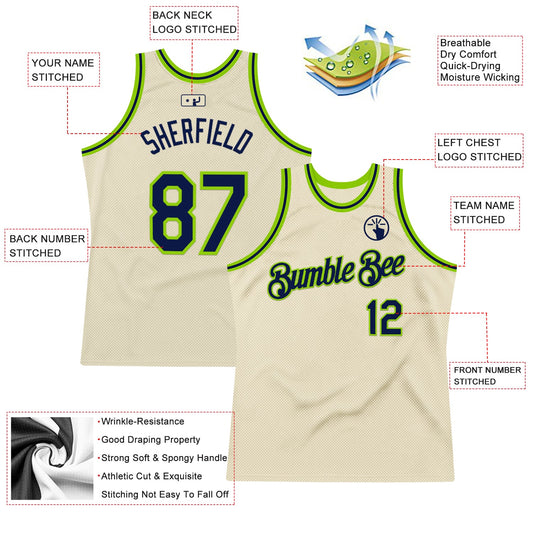 Custom Cream Navy-Neon Green Authentic Throwback Basketball Jersey - Sky-Custom