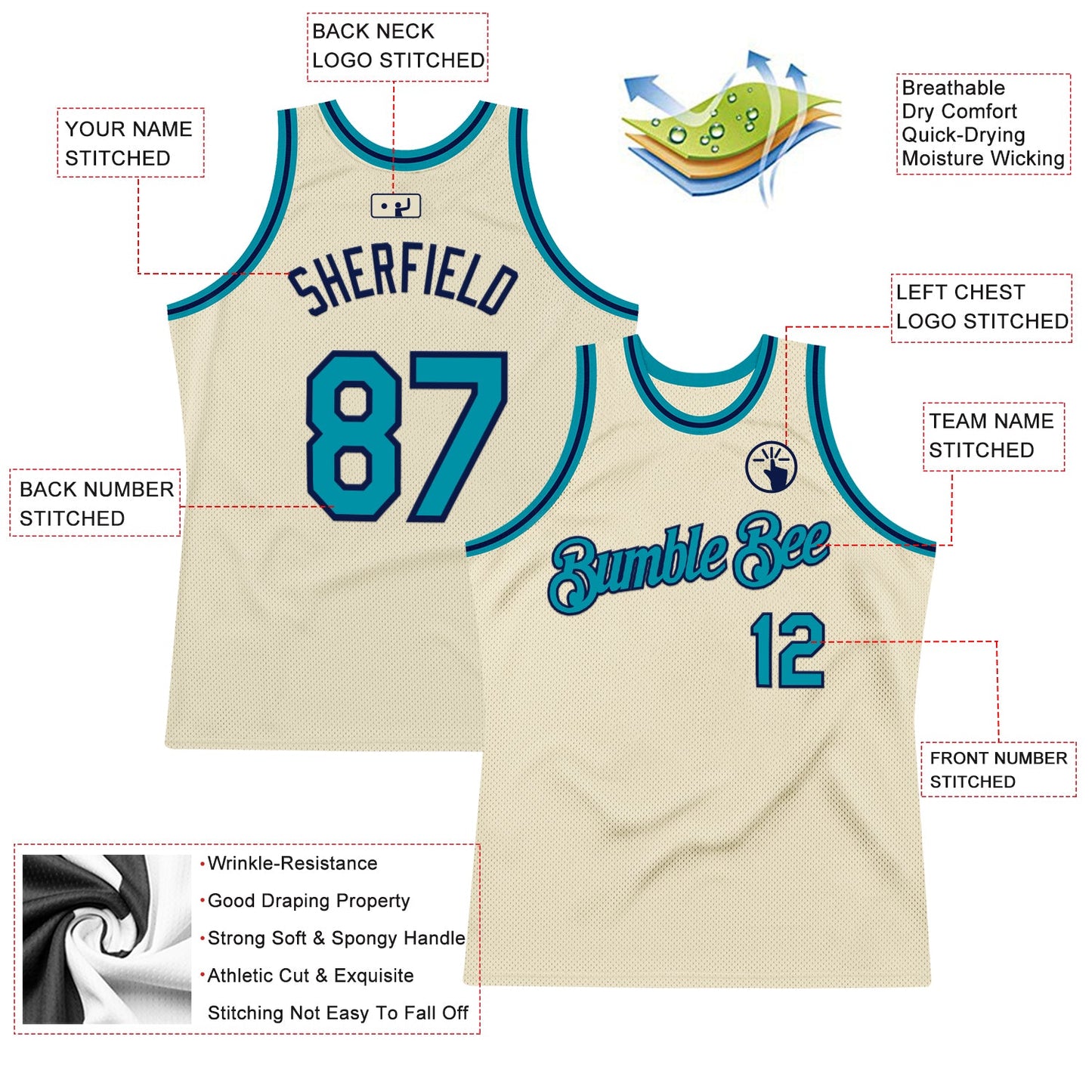 Custom Cream Teal-Navy Authentic Throwback Basketball Jersey - Sky-Custom