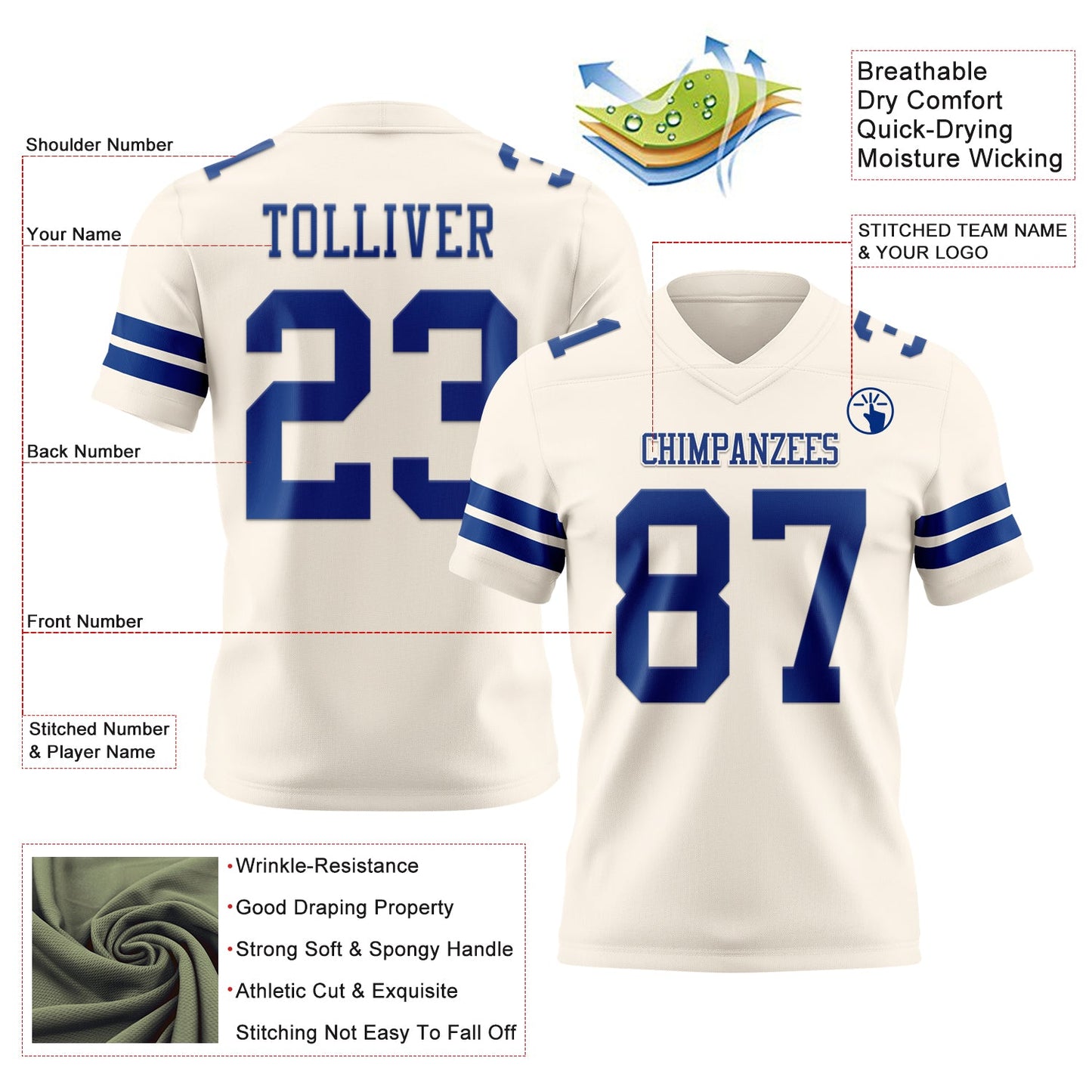 Custom Cream Royal Mesh Authentic Football Jersey - Sky-Custom
