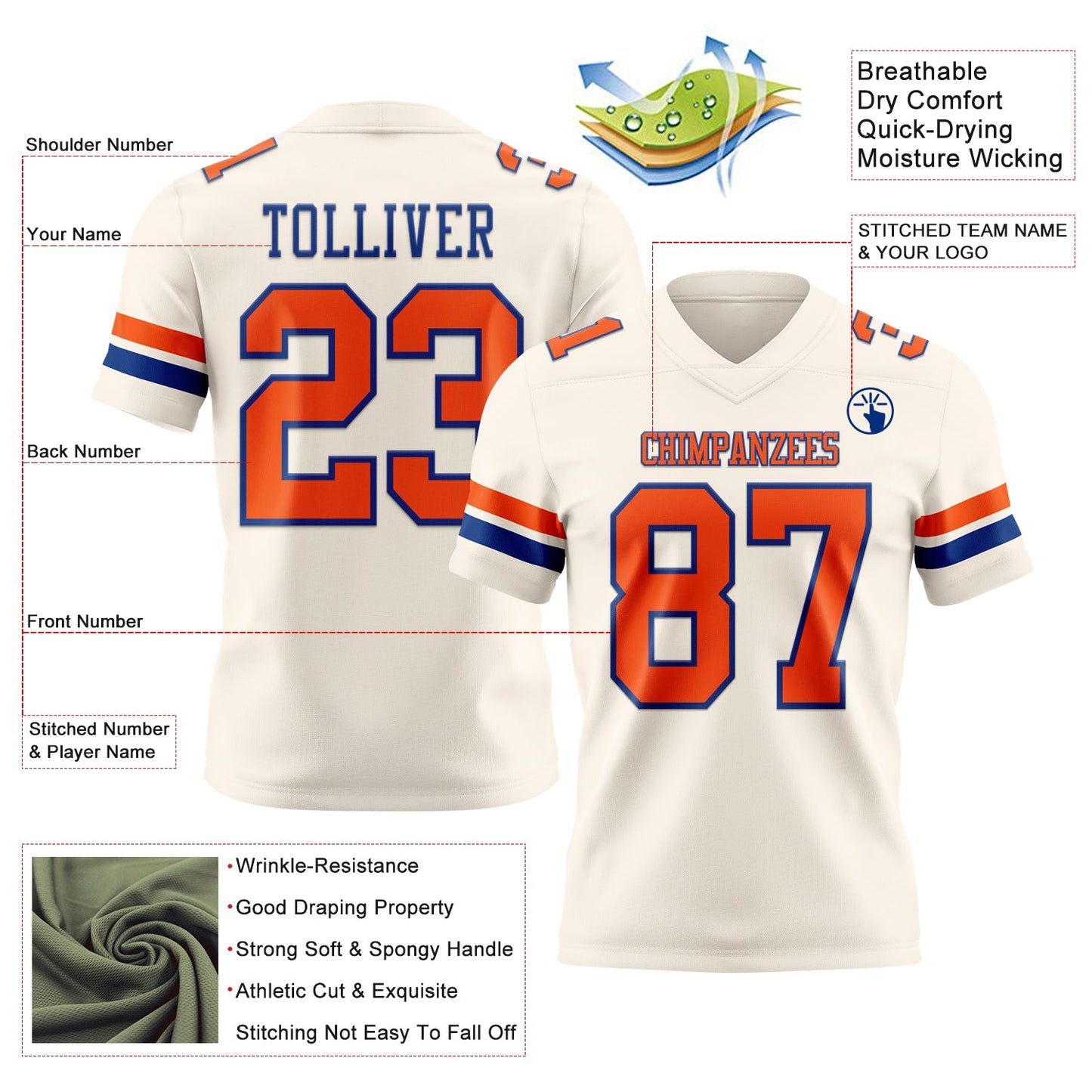 Custom Cream Orange-Royal Mesh Authentic Football Jersey - Sky-Custom