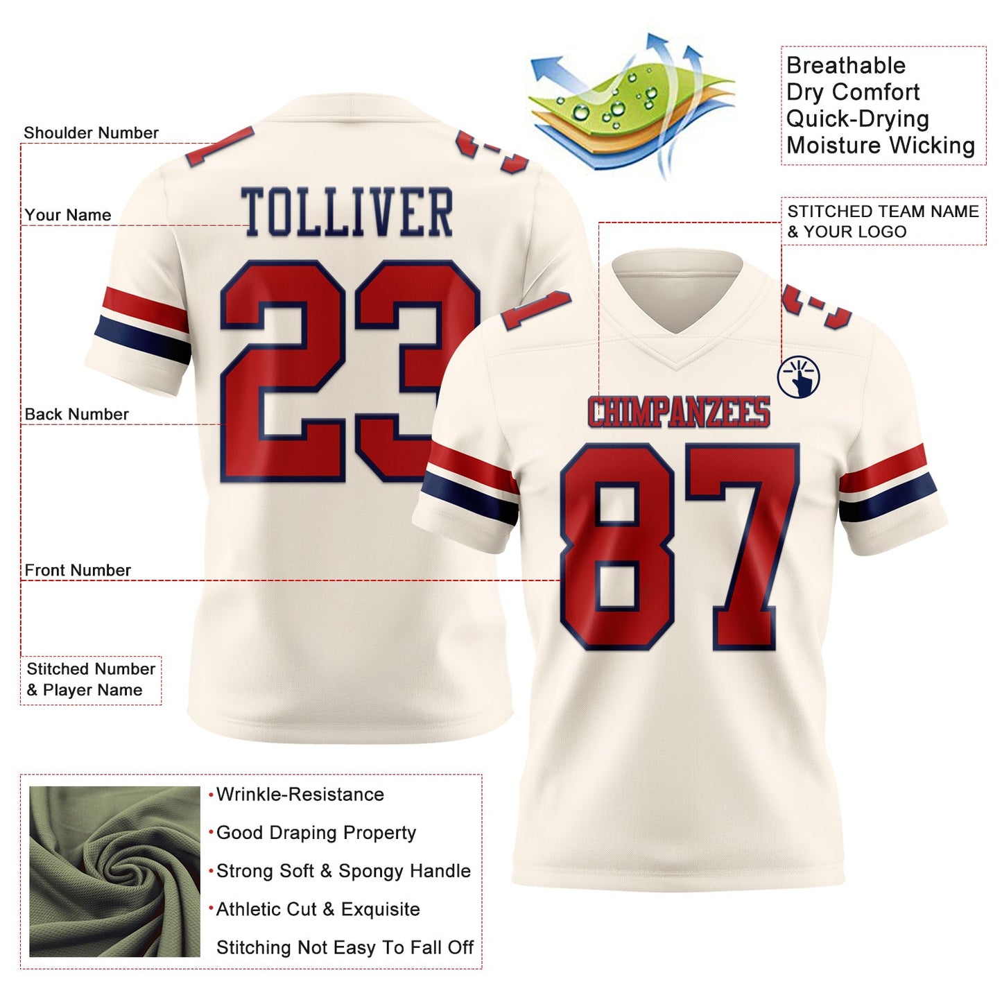Custom Cream Red-Navy Mesh Authentic Football Jersey - Sky-Custom
