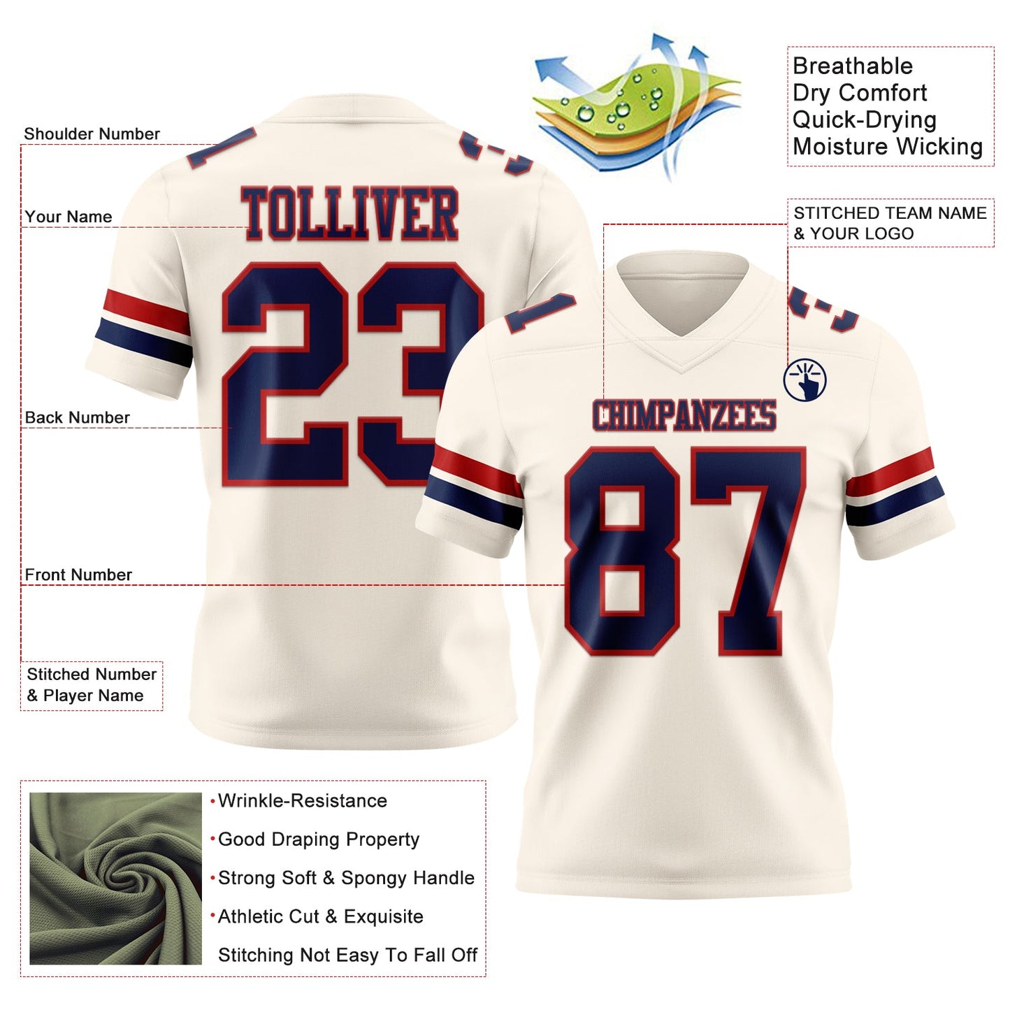 Custom Cream Navy-Red Mesh Authentic Football Jersey - Sky-Custom