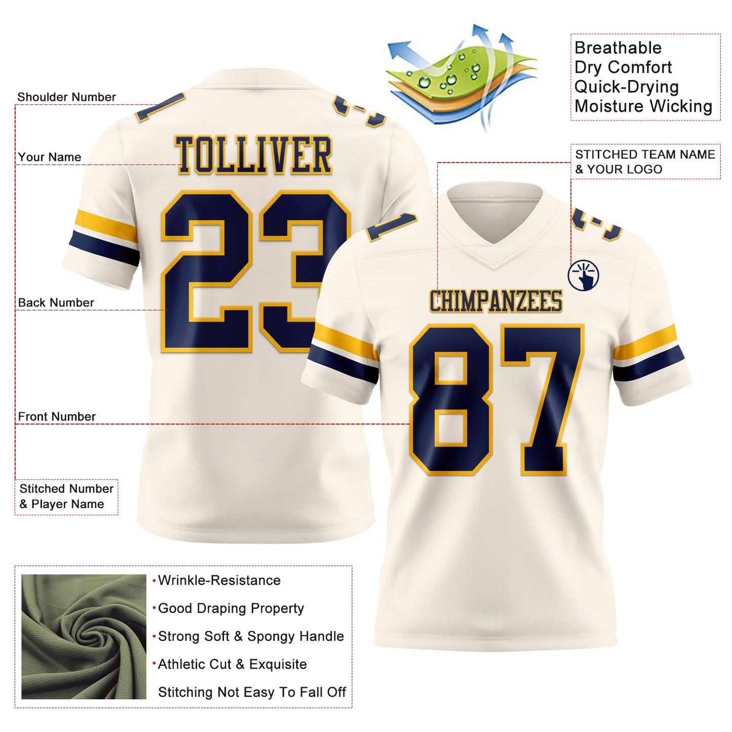 Custom Cream Navy-Gold Mesh Authentic Football Jersey - Sky-Custom