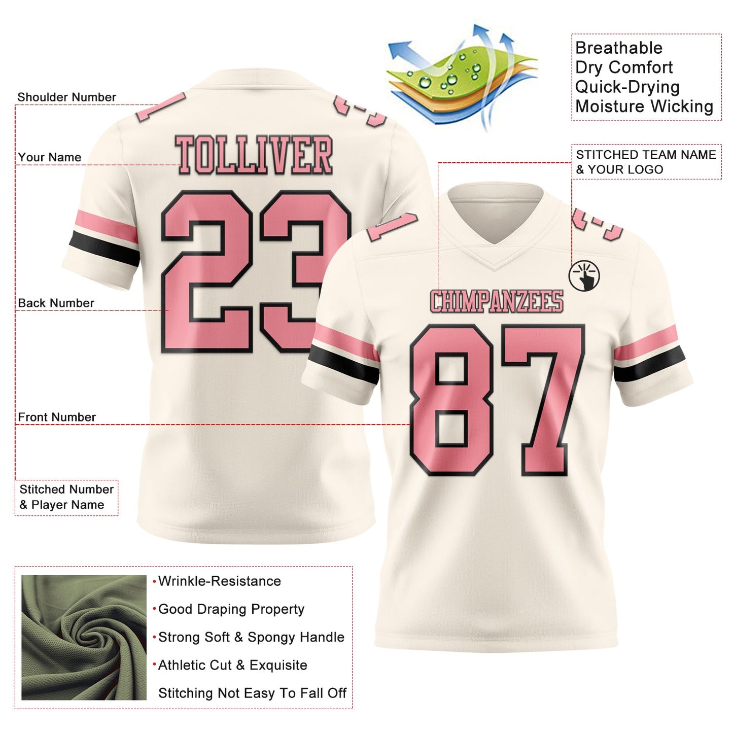 Custom Cream Medium Pink-Black Mesh Authentic Football Jersey - Sky-Custom