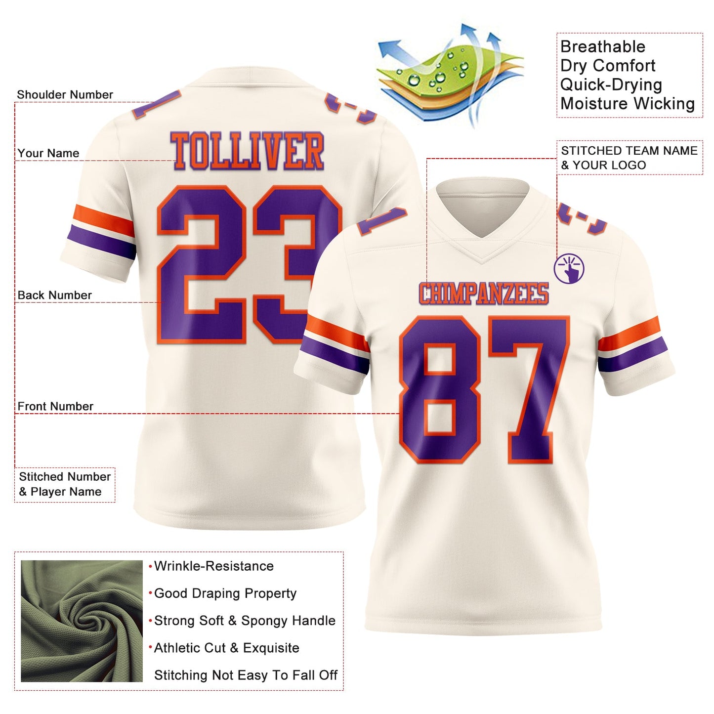 Custom Cream Purple-Orange Mesh Authentic Football Jersey - Sky-Custom