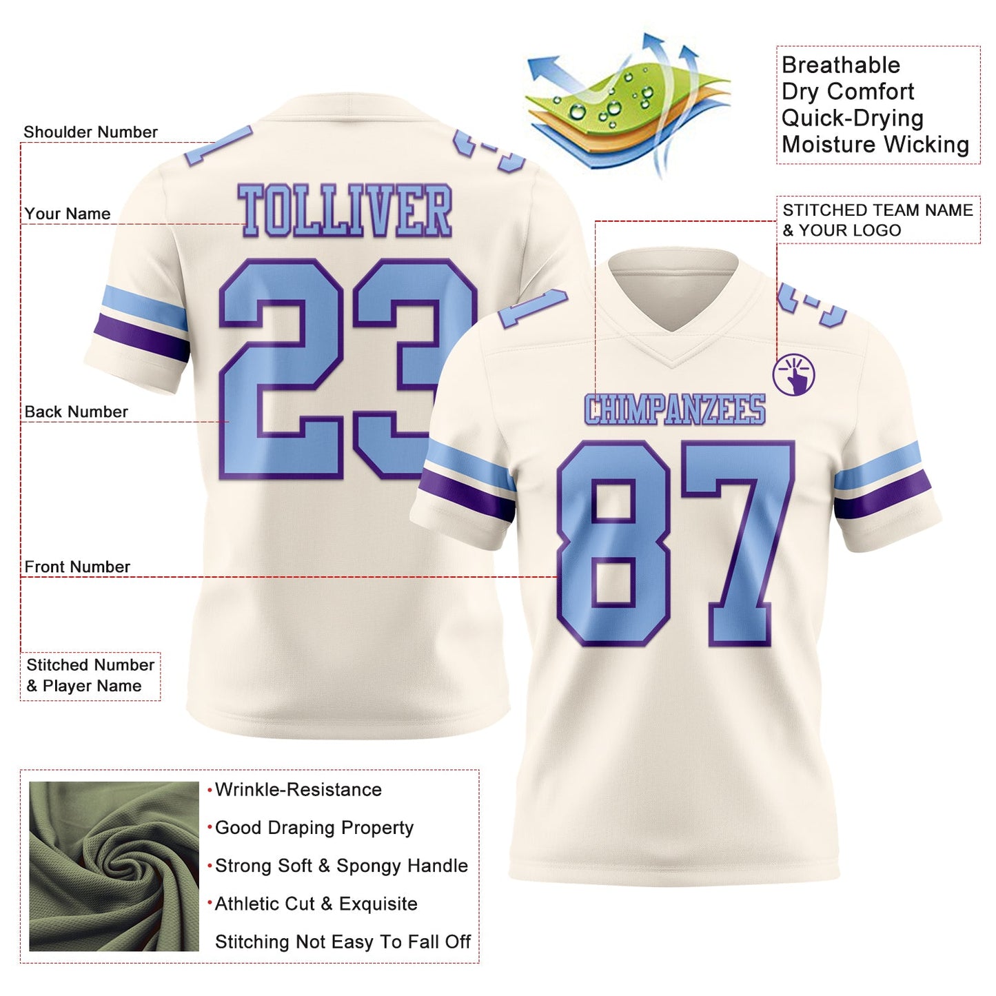 Custom Cream Light Blue-Purple Mesh Authentic Football Jersey - Sky-Custom