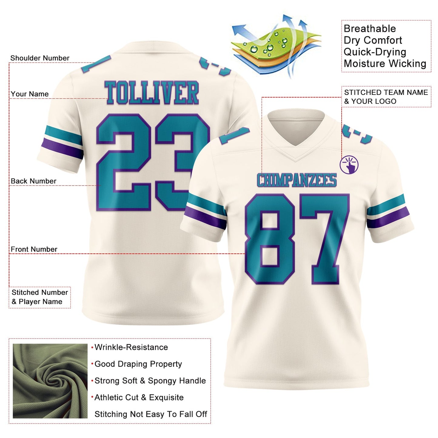 Custom Cream Teal-Purple Mesh Authentic Football Jersey - Sky-Custom