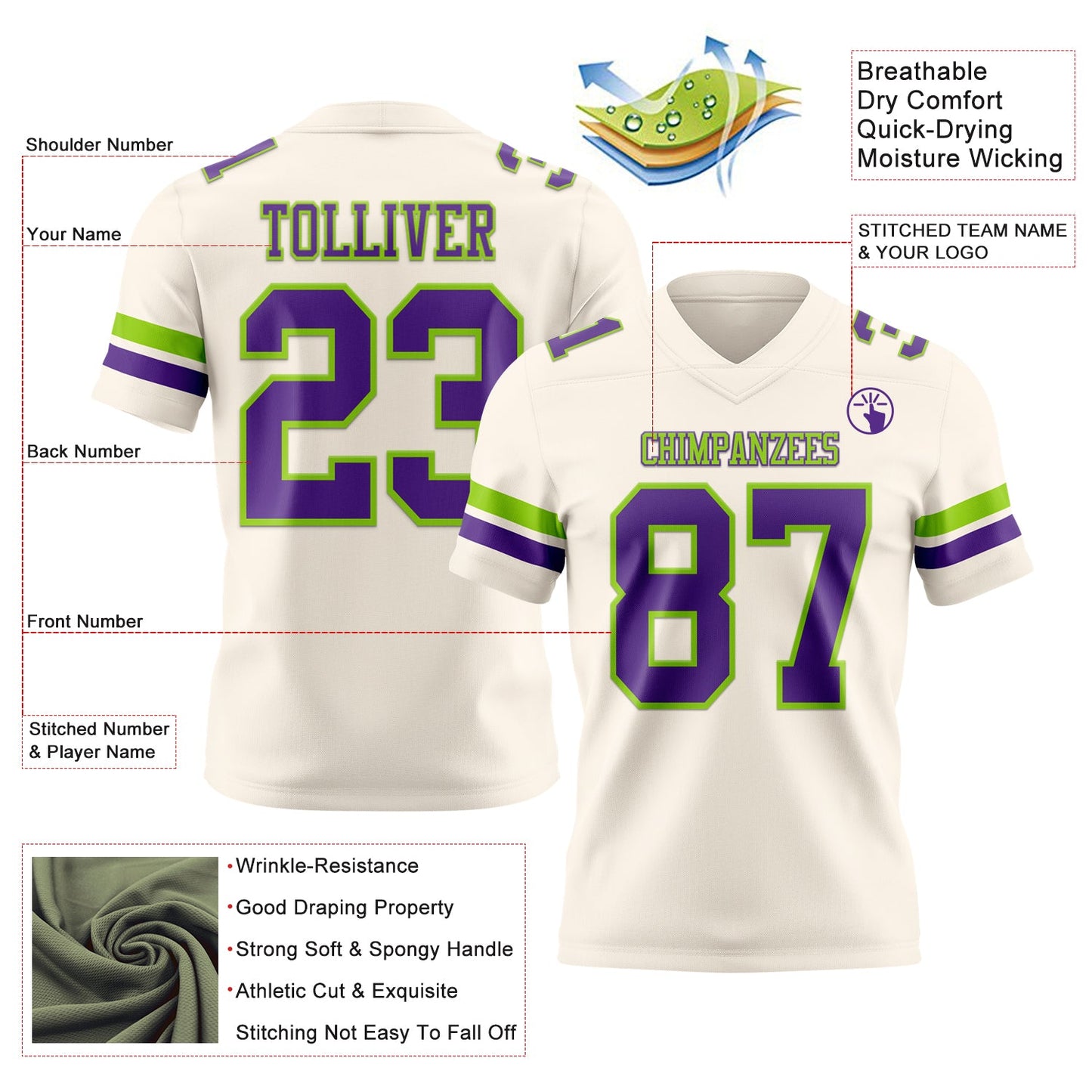 Custom Cream Purple-Neon Green Mesh Authentic Football Jersey - Sky-Custom