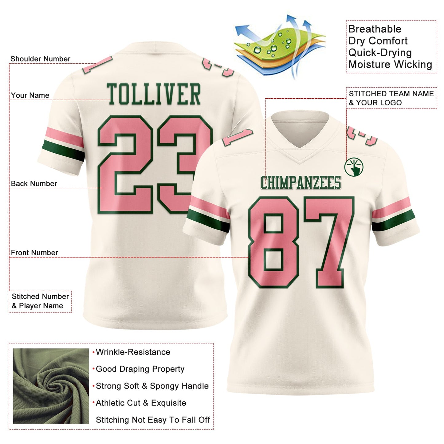 Custom Cream Medium Pink-Green Mesh Authentic Football Jersey - Sky-Custom