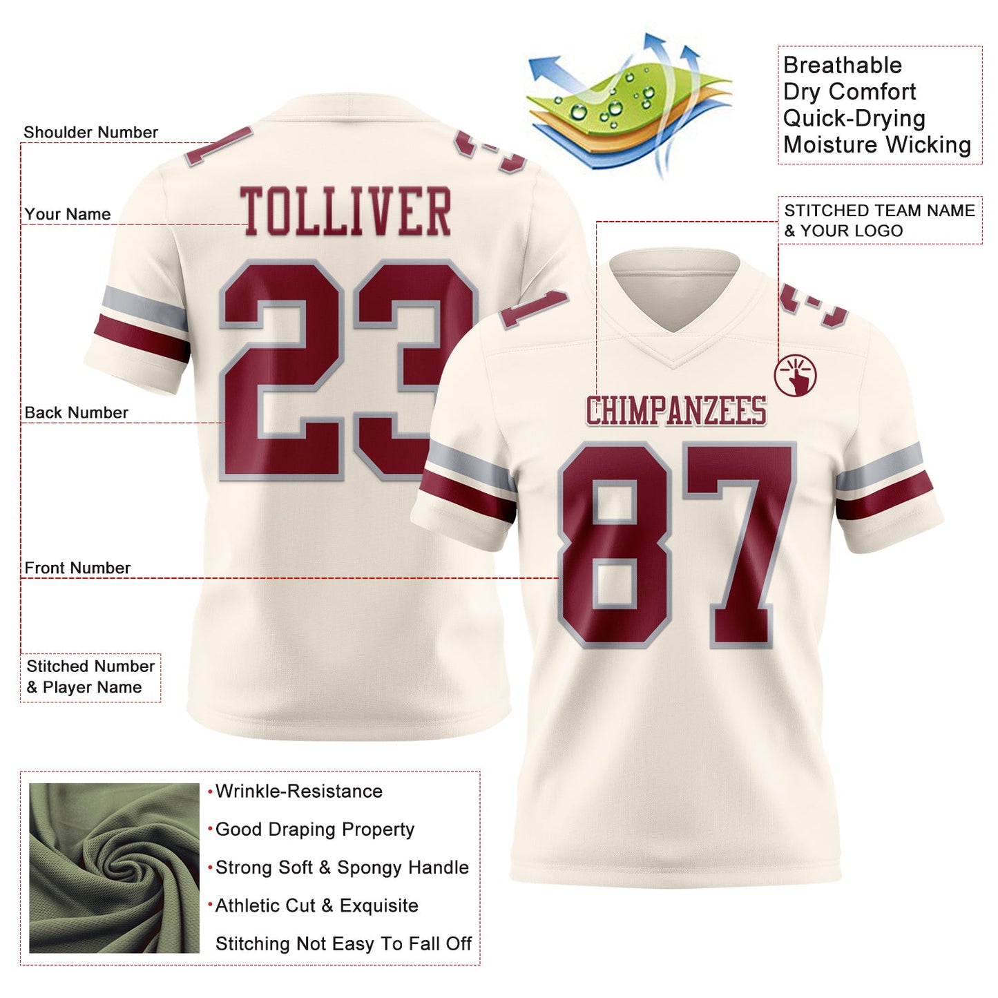 Custom Cream Crimson-Gray Mesh Authentic Football Jersey - Sky-Custom