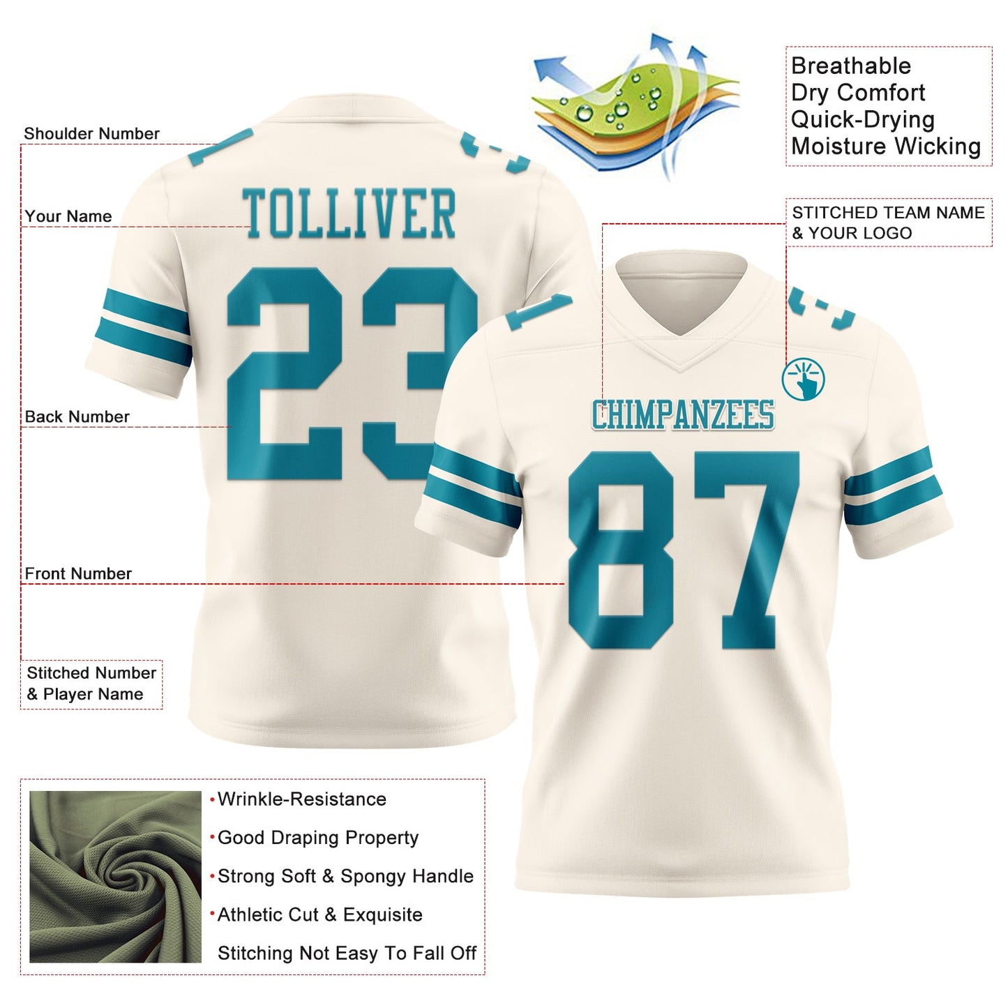 Custom Cream Teal Mesh Authentic Football Jersey - Sky-Custom
