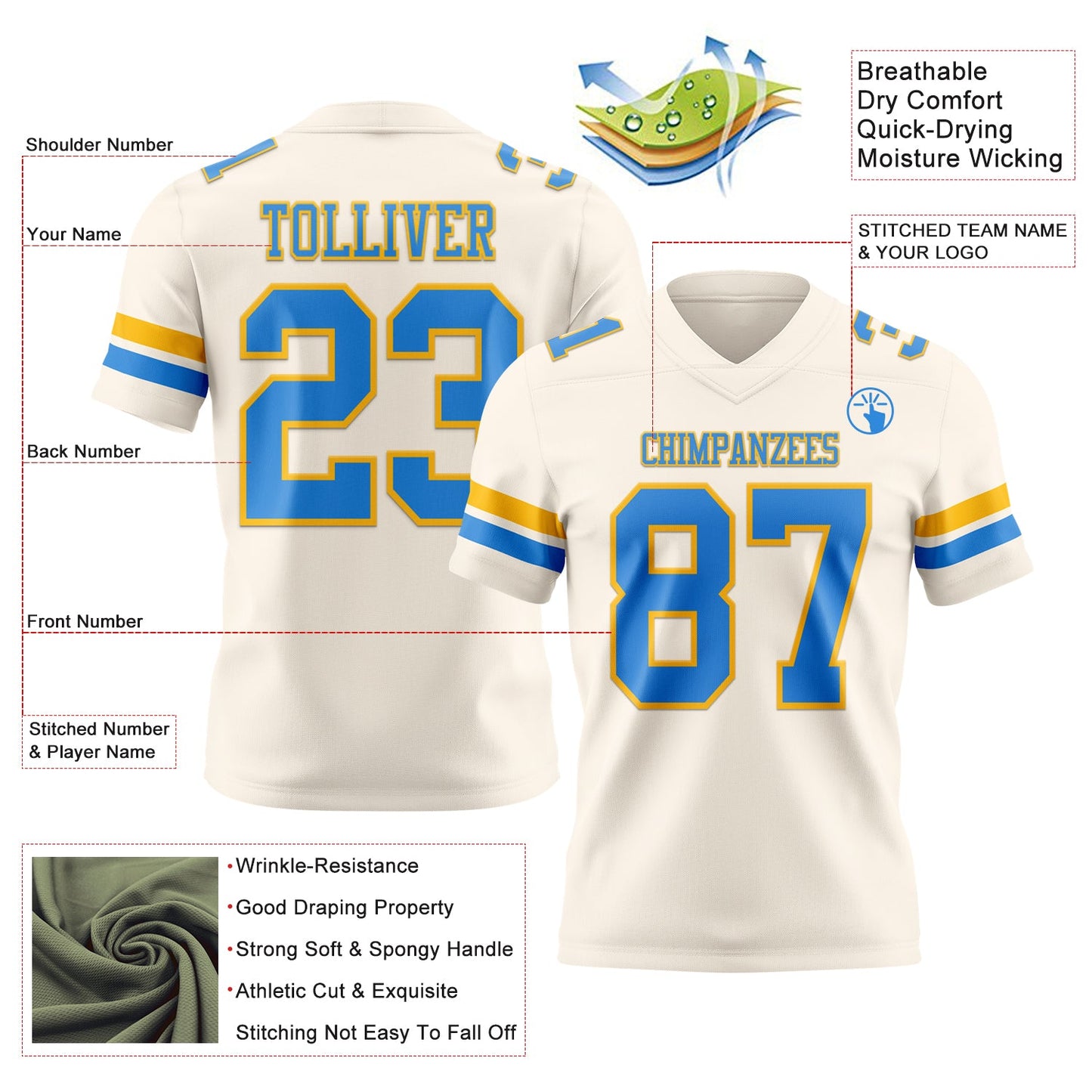 Custom Cream Powder Blue-Gold Mesh Authentic Football Jersey - Sky-Custom
