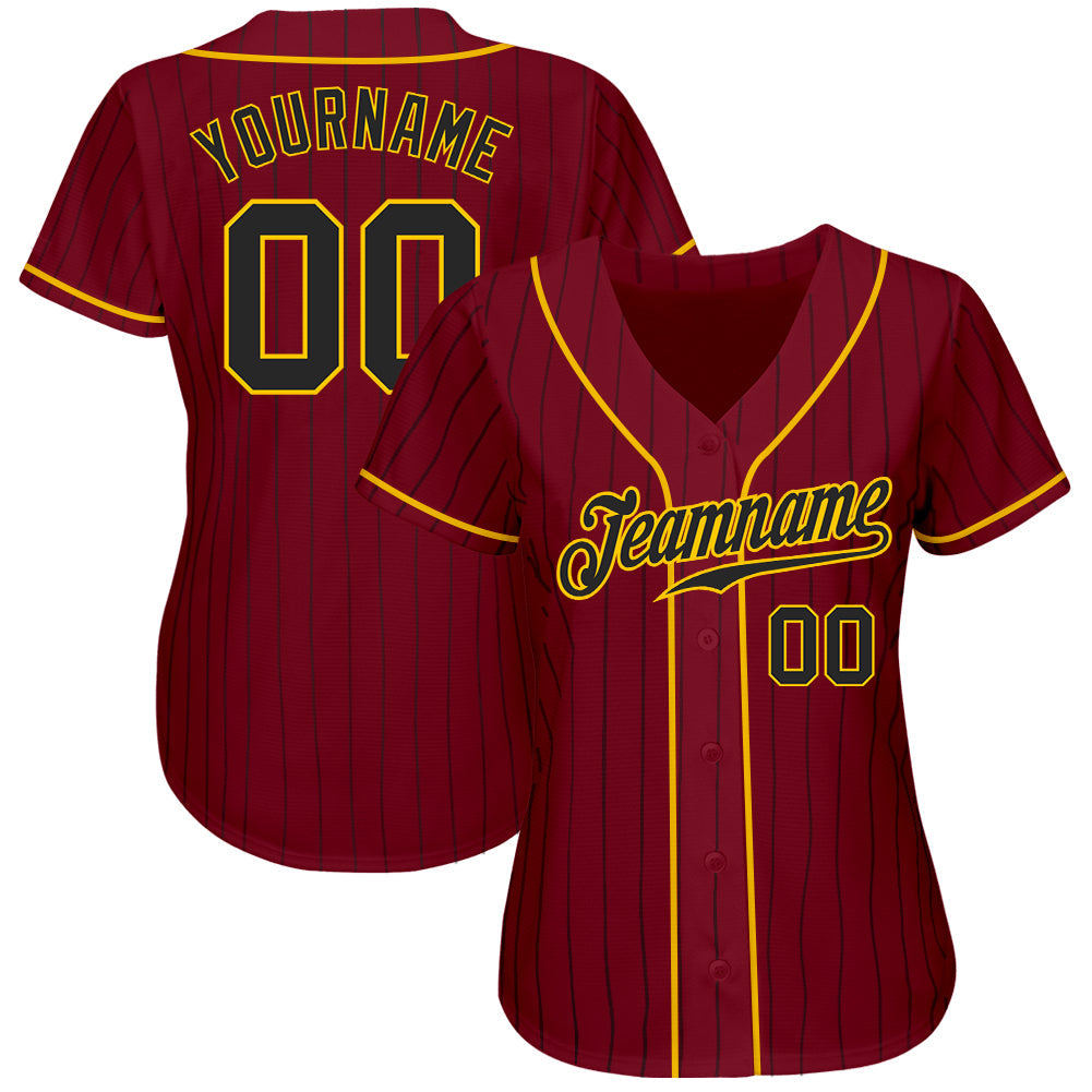 Custom Crimson Black Pinstripe Black-Gold Authentic Baseball Jersey - Sky-Custom