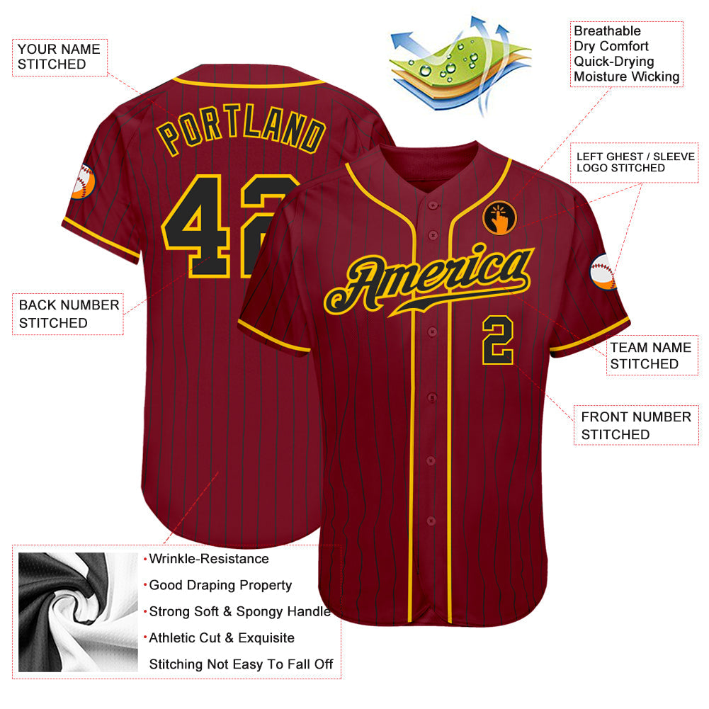 Custom Crimson Black Pinstripe Black-Gold Authentic Baseball Jersey - Sky-Custom
