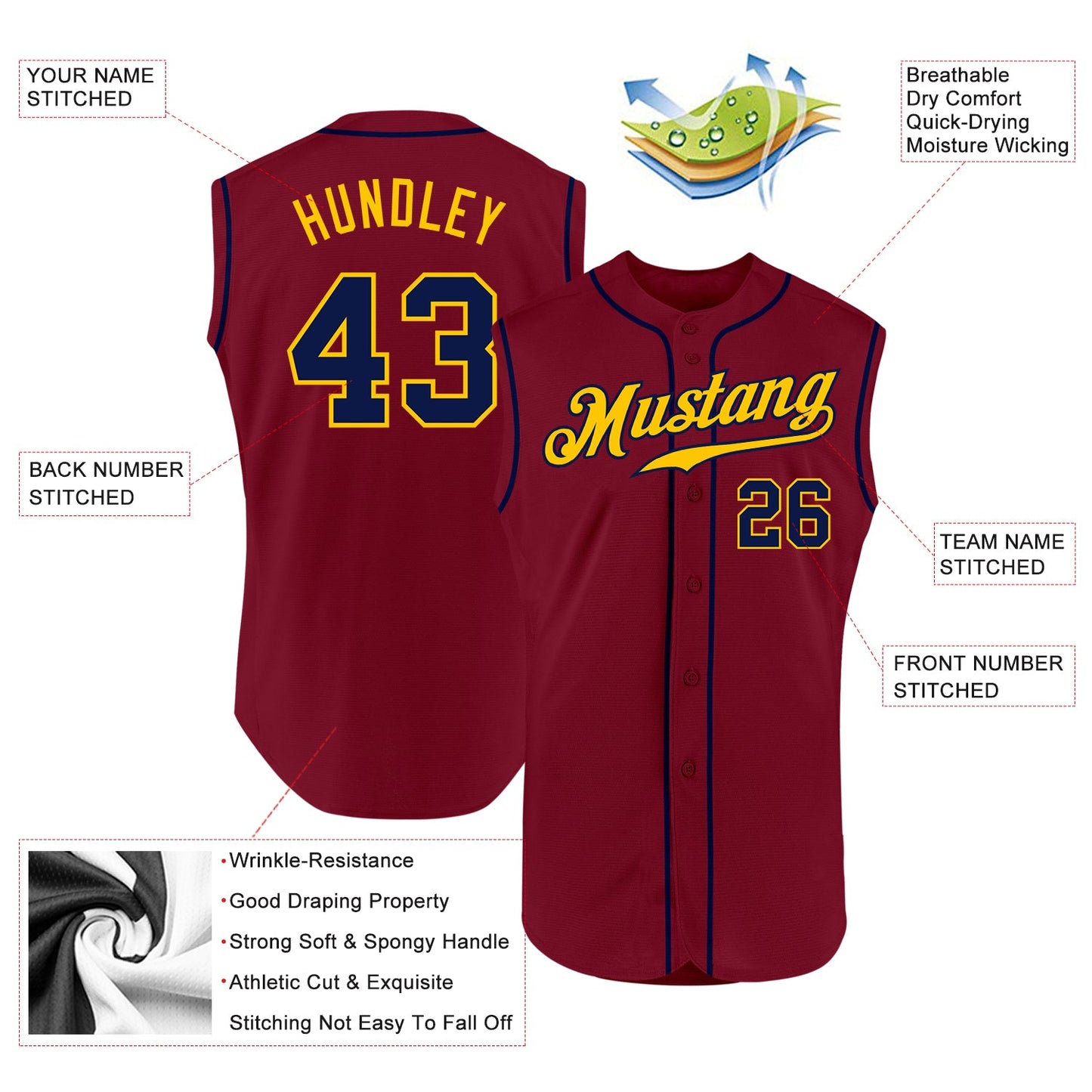 Custom Crimson Navy-Gold Authentic Sleeveless Baseball Jersey - Sky-Custom