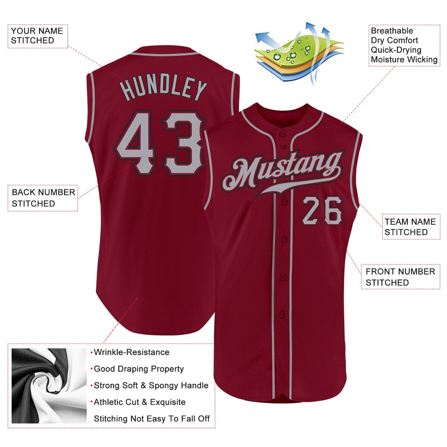 Custom Crimson Gray-Black Authentic Sleeveless Baseball Jersey - Sky-Custom