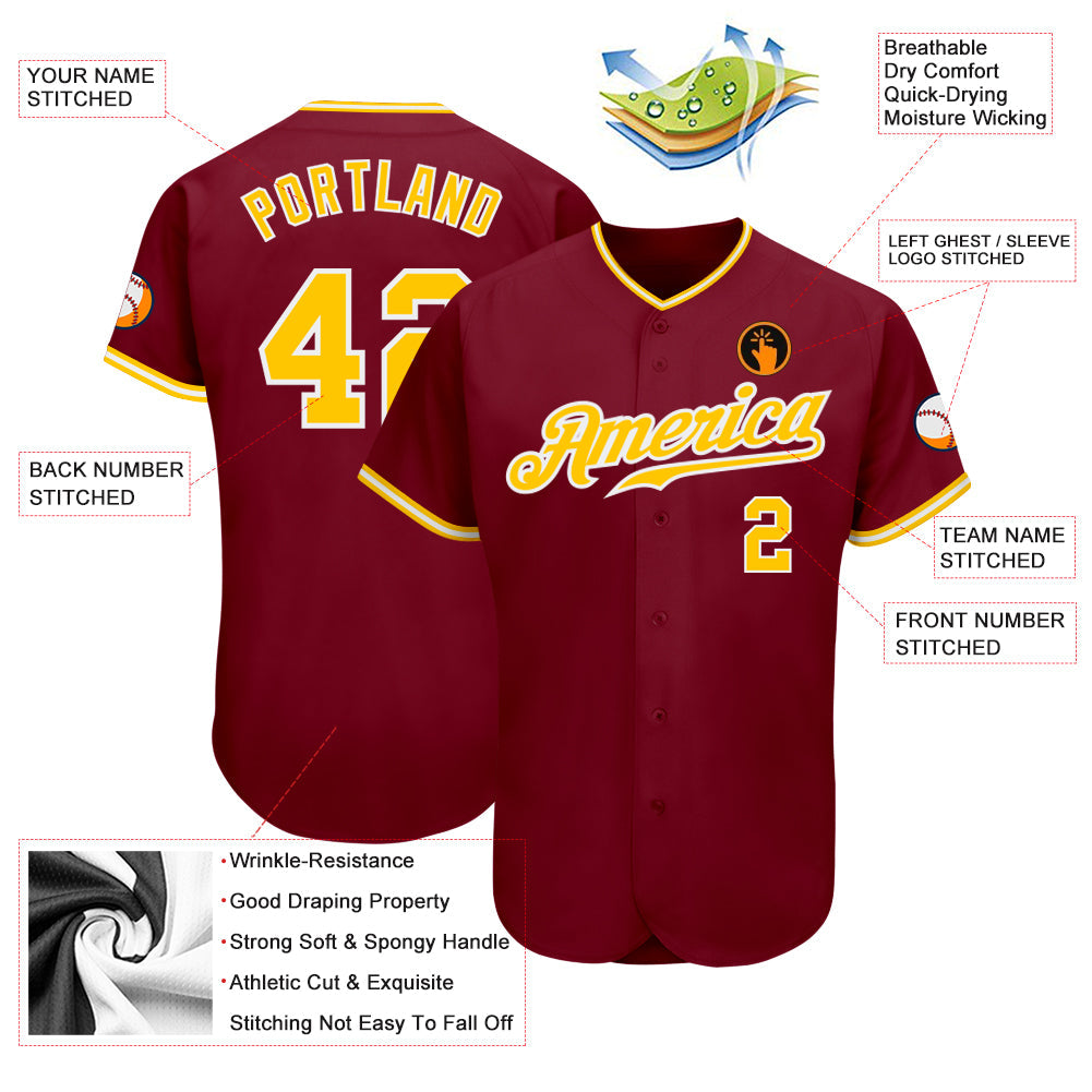 Custom Crimson Gold-White Authentic Baseball Jersey - Sky-Custom