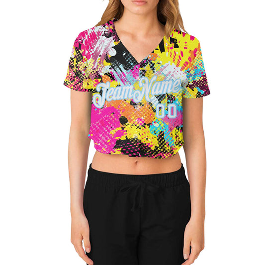 Custom Women's Graffiti Pattern White-Light Blue Bright Psychedelic 3D V-Neck Cropped Baseball Jersey - Sky-Custom