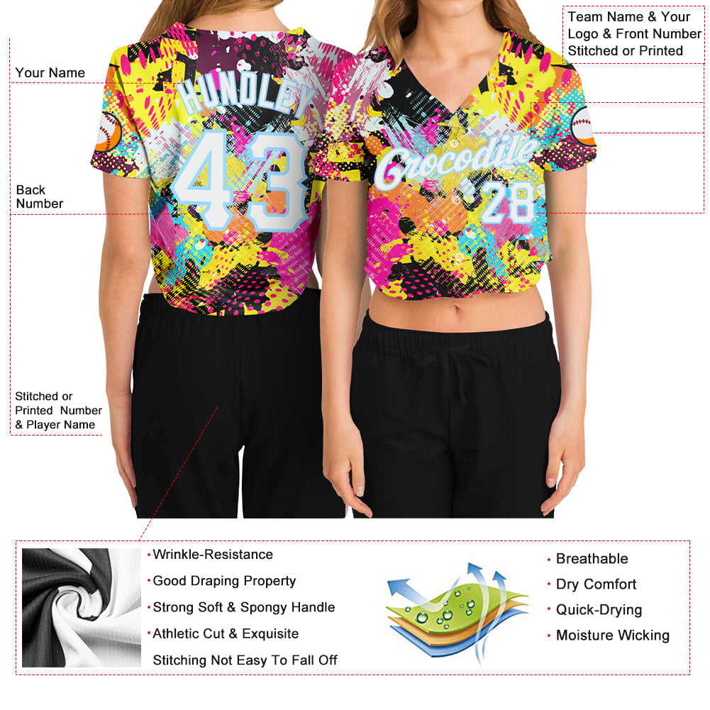 Custom Women's Graffiti Pattern White-Light Blue Bright Psychedelic 3D V-Neck Cropped Baseball Jersey - Sky-Custom